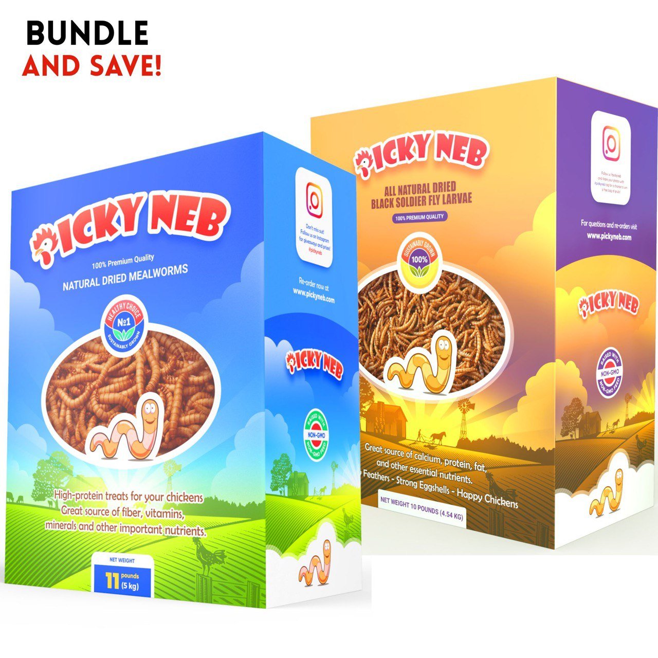 Picky Neb 10 lb mealworms and 10 lb BSFL bulk pack – complete protein and calcium feed for chickens and wild birds.