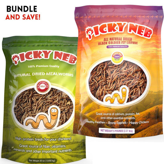 Picky Neb 5 lb dried mealworms and 5 lb BSFL combo – protein and calcium treats for chickens and wild birds.
