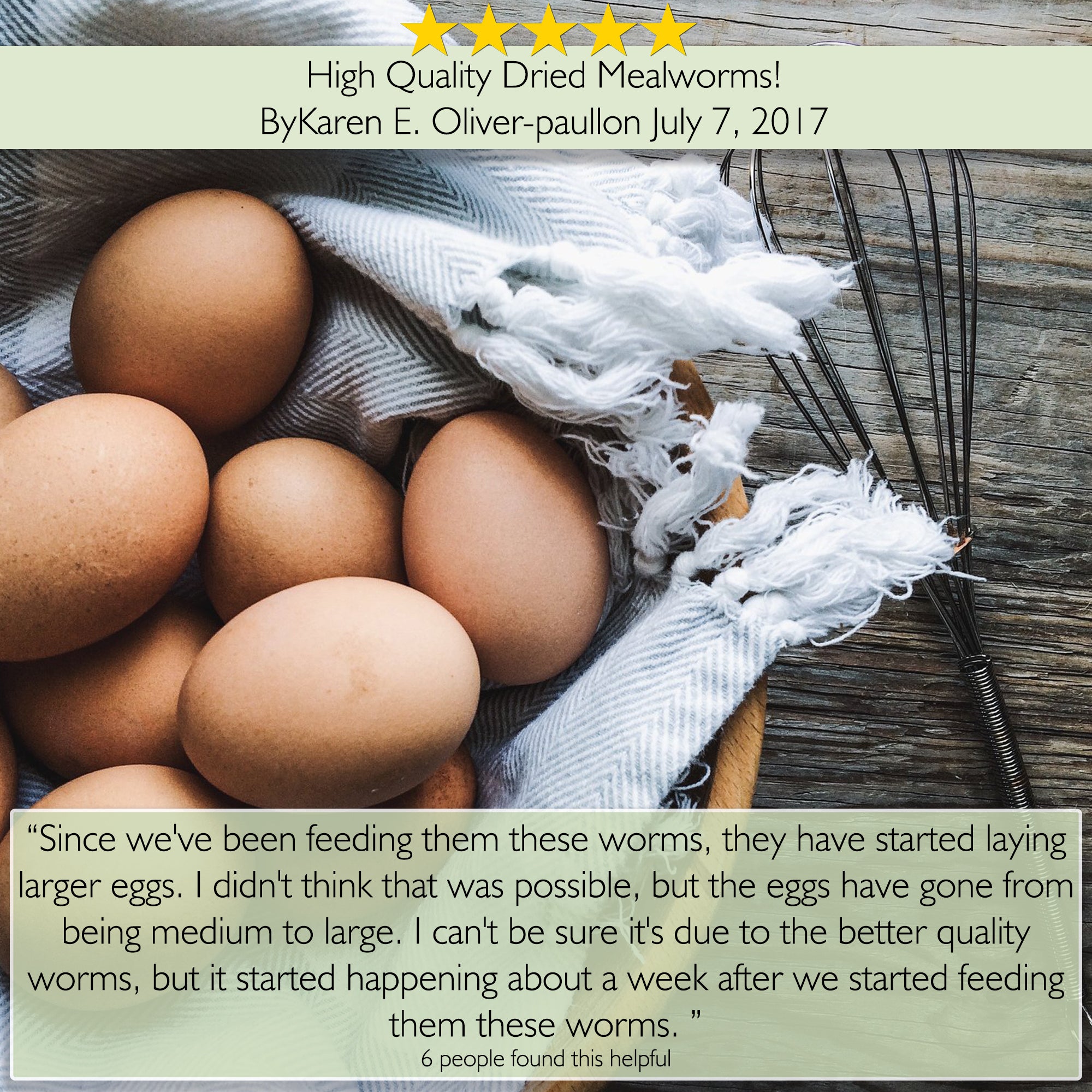 Customer review highlighting improved egg size from Picky Neb dried mealworms – natural protein treat for chickens.