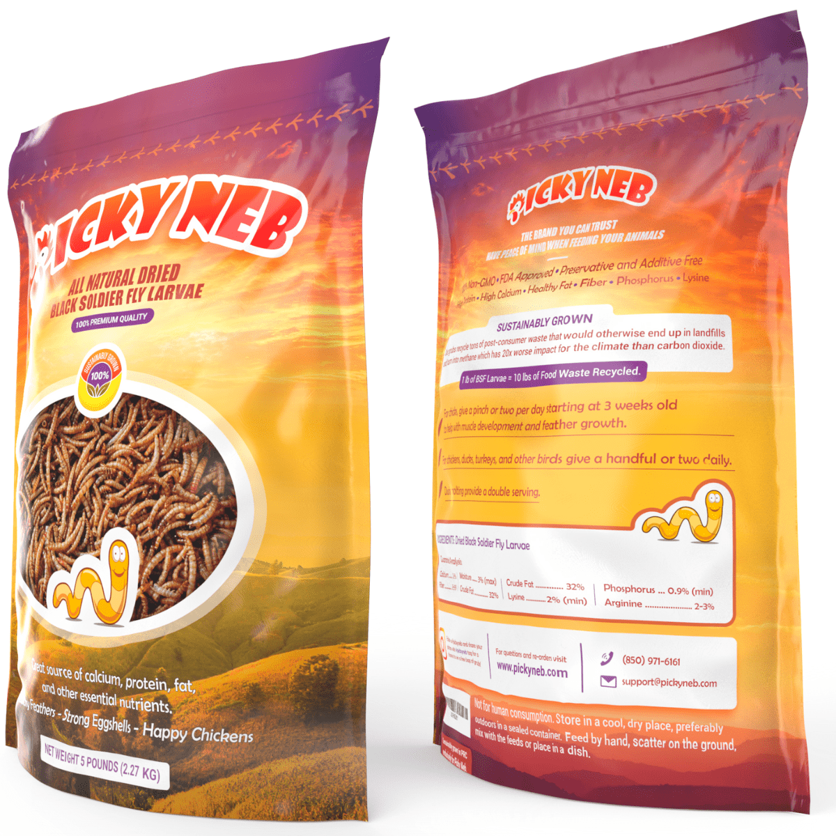 Picky Neb dried black soldier fly larvae front and back packaging – natural calcium and protein-rich treats for chickens and wild birds.