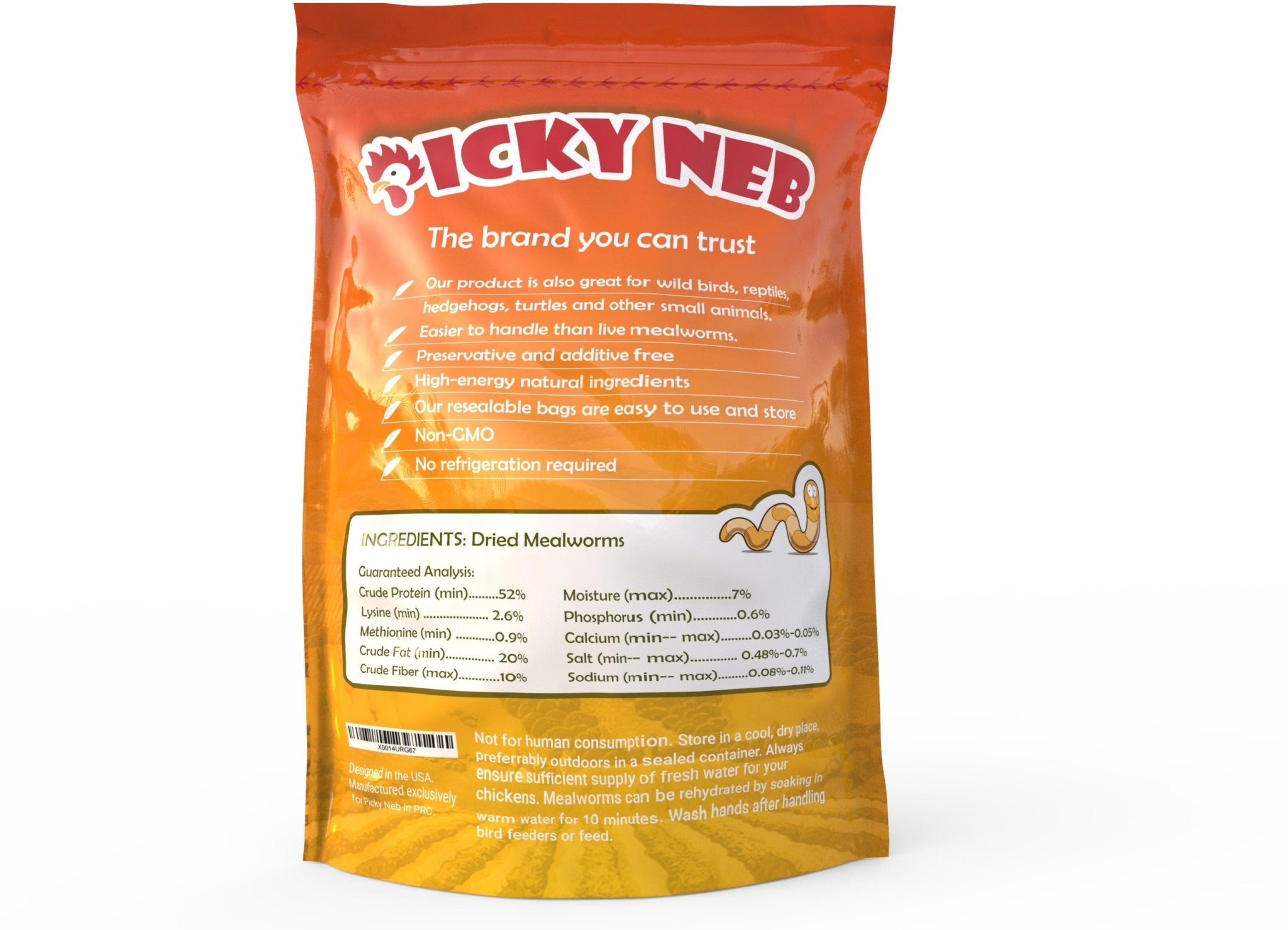 Picky Neb dried mealworms 30 oz bag – nutrition facts and ingredients for high protein poultry and wild bird treats.
